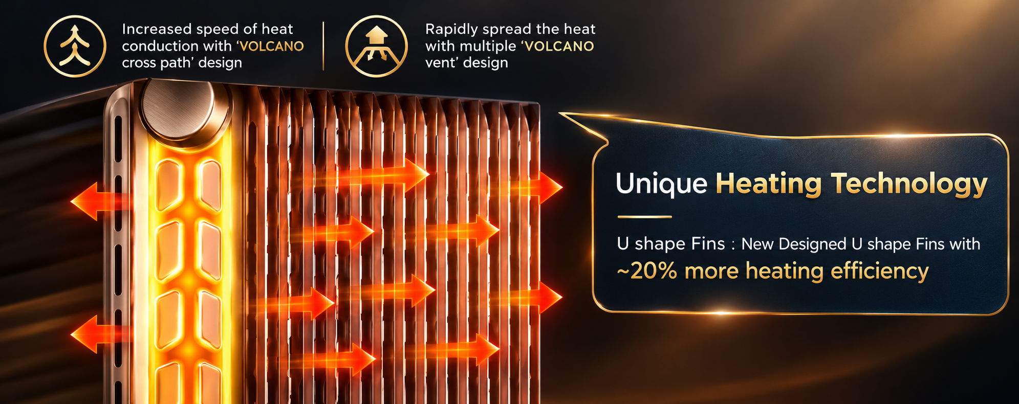 Unique Heating Technology: U shape Fins with ~20% more heating efficiency